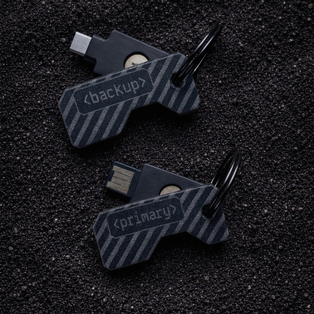 Czarny zestaw dwóch ochronnych etui na klucze YubiKey z grawerem „primary” oraz „backup”. Widoczny klucz YubiKey 5C NFC oraz YubiKey 5 NFC w wersji USB-A wysunięte z obudów. Idealne rozwiązanie do odróżnienia klucza głównego od zapasowego.