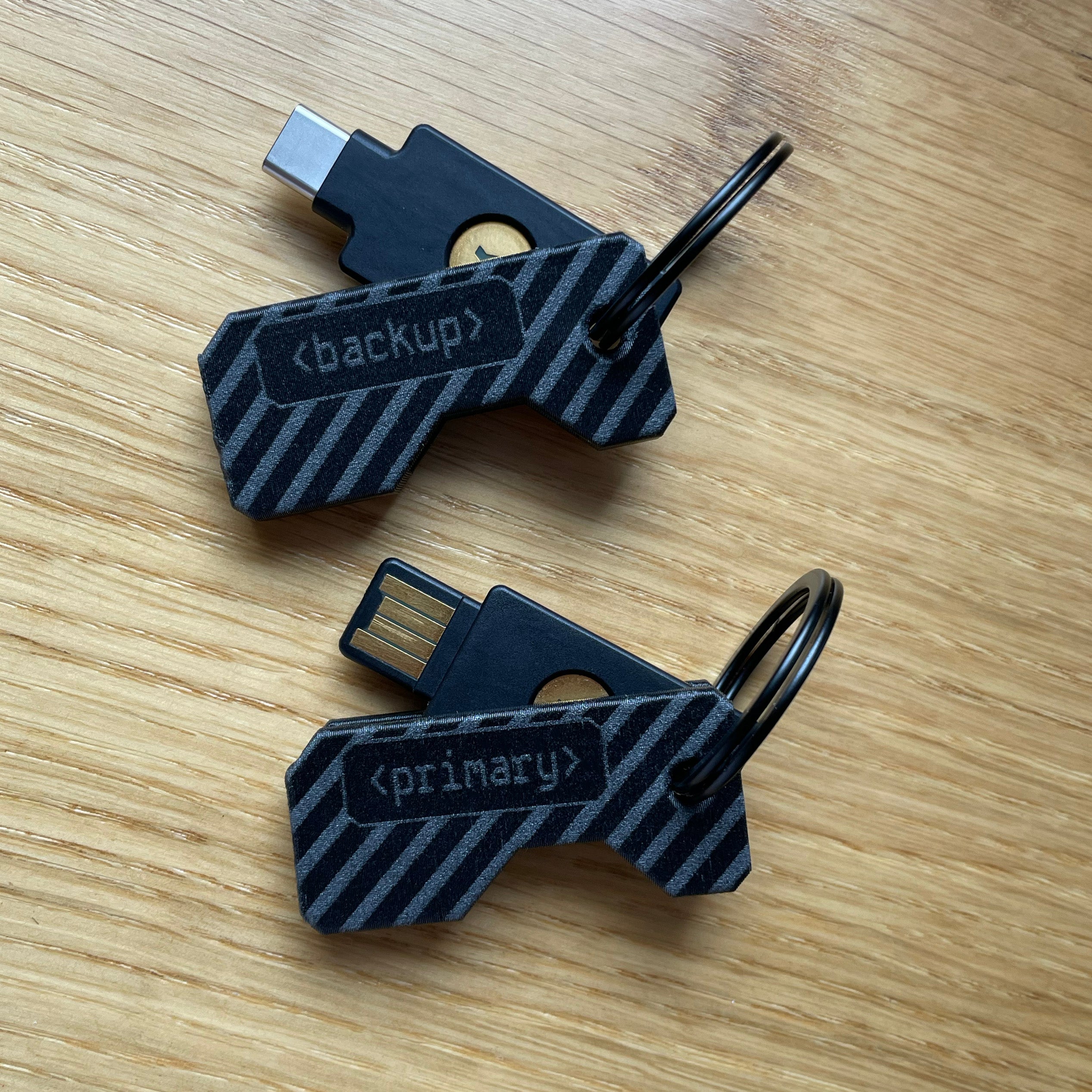 Czarny zestaw dwóch ochronnych etui na klucze YubiKey z grawerem „primary” oraz „backup”. Widoczny klucz YubiKey 5C NFC oraz YubiKey 5 NFC w wersji USB-A wysunięte z obudów. Idealne rozwiązanie do odróżnienia klucza głównego od zapasowego.