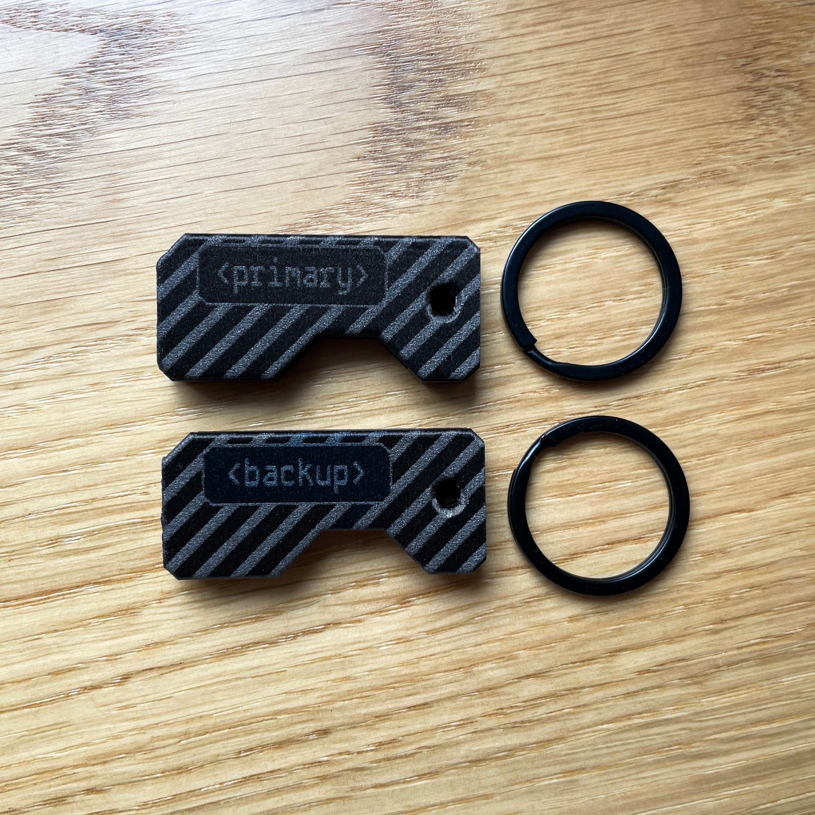 Czarny zestaw dwóch ochronnych etui na klucze YubiKey z grawerem „primary” oraz „backup”. Widoczny klucz YubiKey 5C NFC oraz YubiKey 5 NFC w wersji USB-A wysunięte z obudów. Idealne rozwiązanie do odróżnienia klucza głównego od zapasowego. Czarne kółka do kluczy.